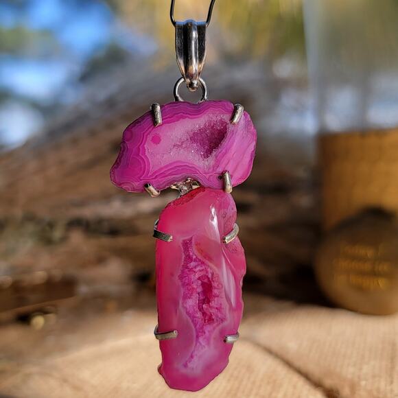 Pink Agate Geode Pendant Sterling Silver, Handmade Boho Crystal Necklace - Picture 1 of 10